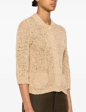 Dorothee Schumacher Cotton Love Open Knit Cardigan Sweater Camel Beige